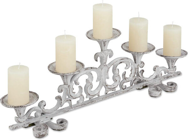 Relaxdays Candelabro Antiguo 5 Brazos, Soporte Velas Vintage, Portavelas, 1 ud., 20x59x9,5 cm, Hierro Fundido, Blanco