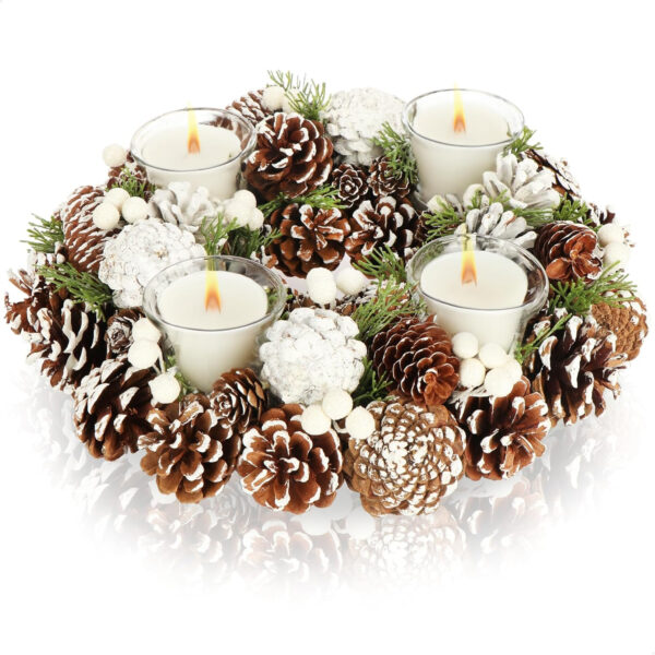 com-four® Corona de Mesa para Navidad -Corona de Adviento Blanca con Conos - Corona Decorativa navideña con 4 portavelas (Corona de adviento L)