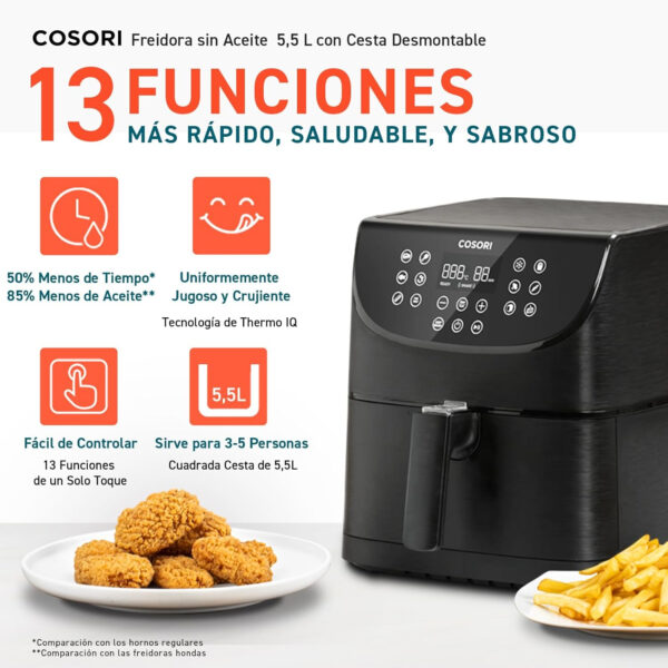 COSORI Freidora de Aire Duradera 5.5 L Air Fryer 1700W, Tecnología Rapid Air, 55% Menos Energía, 13 Automáticos Modos, Uso Sencillo, Panel Táctil Intuitivo, Acero Inox Interior, Hasta 205 °C y 60 Min - Imagen 12