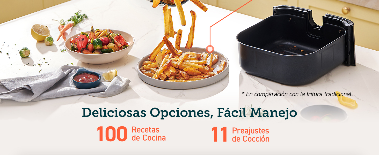 Deliciosas opciones y fácil Manejo con 100 recetas de cocina y 11 preajustes de cocción.