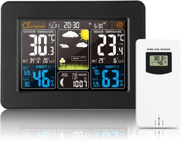 Estación meteorológica inalámbrica digital colorido reloj de pronóstico meteorológico con sensor al aire libre, termómetro interior y exterior con hora, fecha, temperatura, humedad, barómetro, alarma,