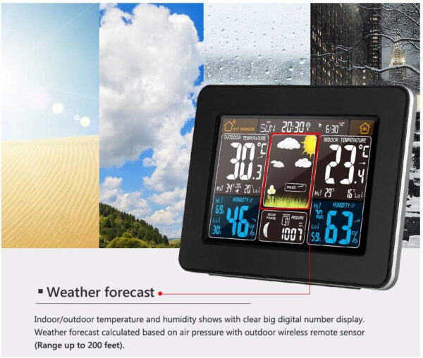 Estación meteorológica inalámbrica digital colorido reloj de pronóstico meteorológico con sensor al aire libre, termómetro interior y exterior con hora, fecha, temperatura, humedad, barómetro, alarma, - Imagen 3