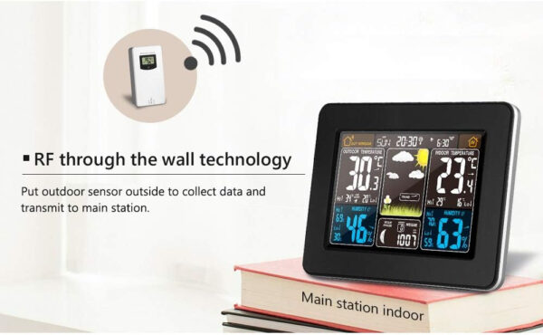 Estación meteorológica inalámbrica digital colorido reloj de pronóstico meteorológico con sensor al aire libre, termómetro interior y exterior con hora, fecha, temperatura, humedad, barómetro, alarma, - Imagen 8