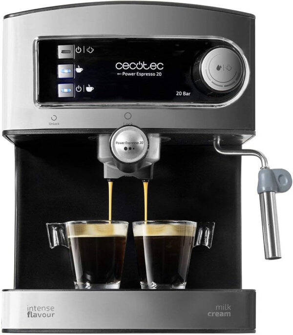 Cecotec Cafetera Express Manual Power Espresso 20. 850 W, Presión 20 Bares, Depósito de 1,6L, Brazo Doble Salida, Vaporizador, Superficie Calientatazas, Acabados en Acero Inoxidable