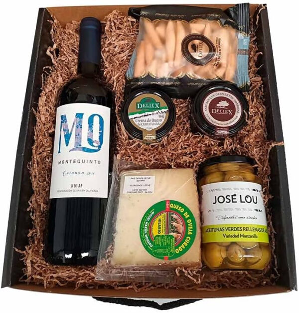 Deliex Cesta Regalo Selección Gourmet - Vino Montequinto Crianza, cuña de Queso Premium, Paté de Jamón Artesanal, Aceitunas y Colines - Regalo para Toda Ocasión