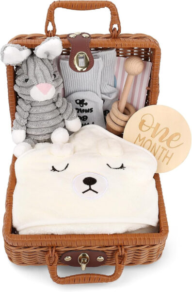 Cesta de regalo para bebé recién nacido, personalizada para niños y niñas, incluye mantas, juguetes de madera, peluches, tarjetas, calcetines y cajas de regalo