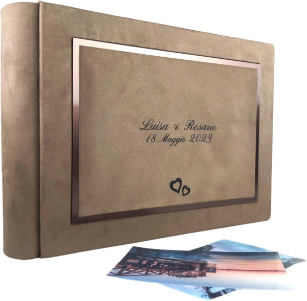 Álbum de fotos artesanal elegante de tela alcántara, personalizable con grabado, ideal para bodas, aniversarios, comuniones, bautizos y todos los eventos (Camel)