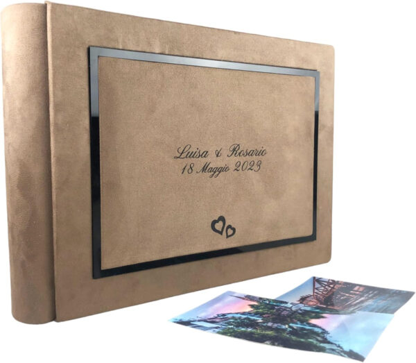 Álbum de fotos artesanal elegante de tela alcántara, personalizable con grabado, ideal para bodas, aniversarios, comuniones, bautizos y todos los eventos (Camel) - Imagen 3