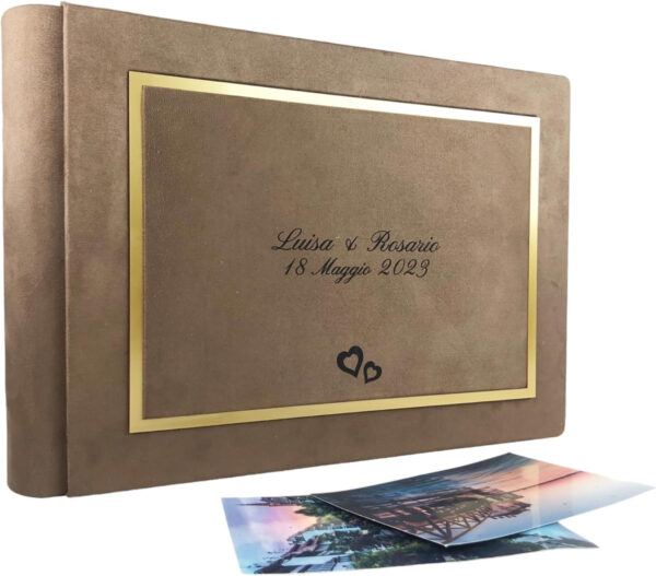 Álbum de fotos artesanal elegante de tela alcántara, personalizable con grabado, ideal para bodas, aniversarios, comuniones, bautizos y todos los eventos (Camel) - Imagen 4