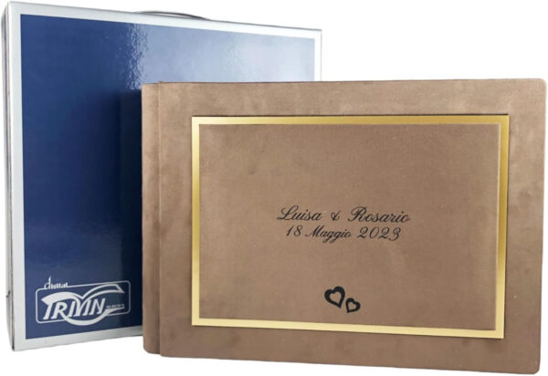 Álbum de fotos artesanal elegante de tela alcántara, personalizable con grabado, ideal para bodas, aniversarios, comuniones, bautizos y todos los eventos (Camel) - Imagen 8