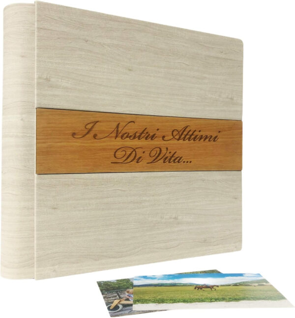 TriVin Art, Álbum de Fotos en Polipiel, con Aplicación de Madera Personalizable con Grabado. Ideal para Bautismo, Boda, Comunión y foto recuerdo.