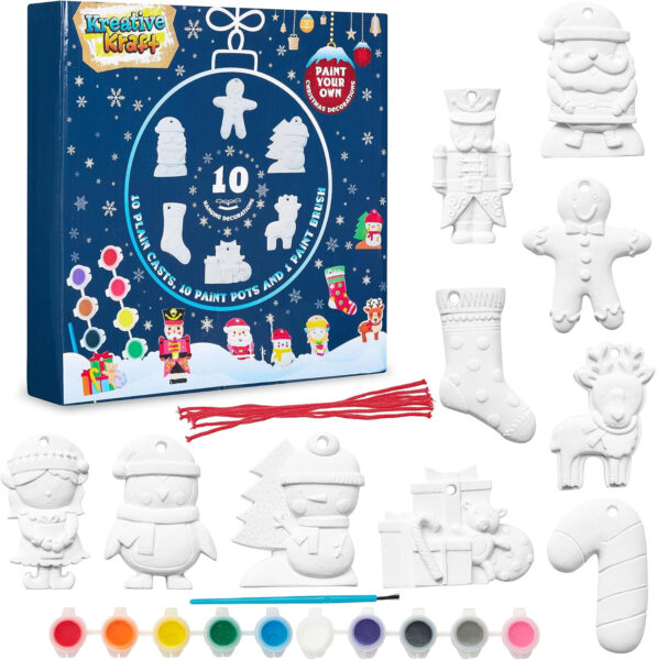 KreativeKraft Adornos Navidad Kit Manualidades Navideñas para Niños Multipack Figuras de Yeso para Pintar Adornos Navideños Casa Arbol(Pack de 10)