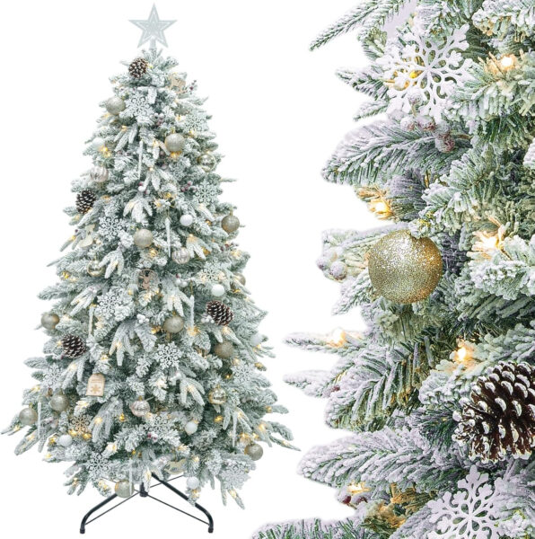 DEWUR Árbol de Navidad artificial con iluminación con nieve y piezas, juego de decoración navideña, soporte de metal (180 cm, oro champán)