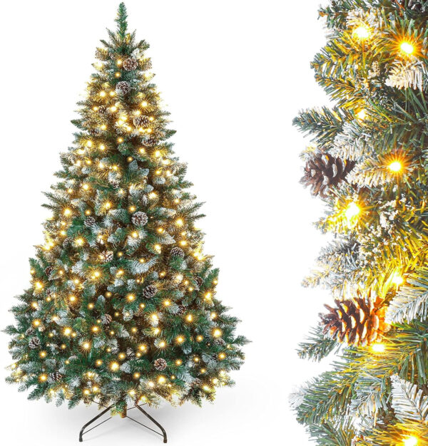 Yorbay árbol de Navidad Artificial con iluminación y Nieve Blanca, árbol de Navidad LED para decoración navideña con piñas Reales, Resistente al Fuego (210 cm)