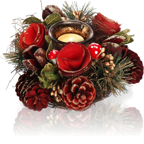 com-four® Portavelas - Portavelas Decorativo para Navidad y otoño - Portavelas con Materiales Naturales - Artesanía (Arreglo de adviento Flor roja - 1 Vela)