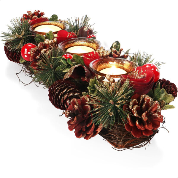 com-four® Portavelas - Portavelas Decorativo para Navidad y otoño - Portavelas con Materiales Naturales - Artesanía (Arreglo de adviento Flor roja - 3 Velas)