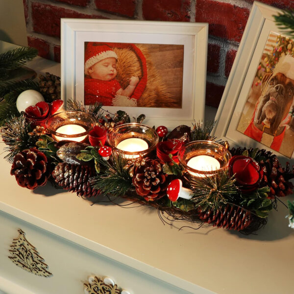 com-four® Portavelas - Portavelas Decorativo para Navidad y otoño - Portavelas con Materiales Naturales - Artesanía (Arreglo de adviento Flor roja - 3 Velas) - Imagen 3