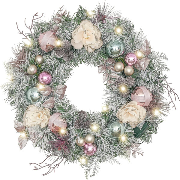 Valery Madelyn 18 Inch/46cm Corona de Navidad para la Puerta de Entrada con Sueño Brillante, Corona de Rosas y Oro con Luces LED Función de Temporizador Decoración para Fiestas de Navidad