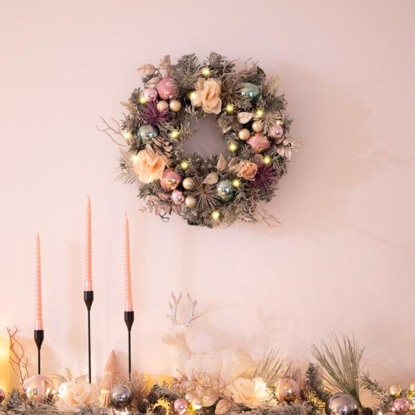 Valery Madelyn 18 Inch/46cm Corona de Navidad para la Puerta de Entrada con Sueño Brillante, Corona de Rosas y Oro con Luces LED Función de Temporizador Decoración para Fiestas de Navidad - Imagen 4