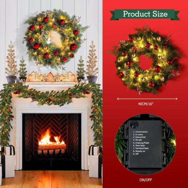 Corona Navidad con LED Luces, Ulinek 40LEDs 40CM Corona Navidad para Puerta con Agujas de Abeto Artificiales, Bolas de Navidad LED a Pilas, Decoración Navideña para Puerta de Casa Escalera Escaparates - Imagen 5