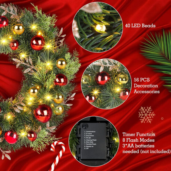 Corona Navidad con LED Luces, Ulinek 40LEDs 40CM Corona Navidad para Puerta con Agujas de Abeto Artificiales, Bolas de Navidad LED a Pilas, Decoración Navideña para Puerta de Casa Escalera Escaparates - Imagen 6