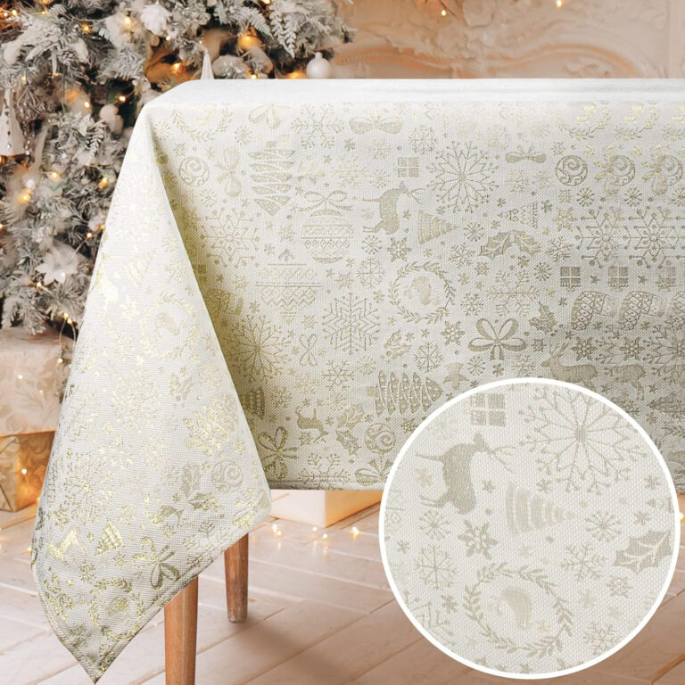 Viste tu hogar Mantel Navidad Hilo Dorado, Especial para Decoración Navideña y Cenas Familiares, etc, Diseño Moderno y Elegante, Fabricado en España, Beige Navidad, 140x300cm