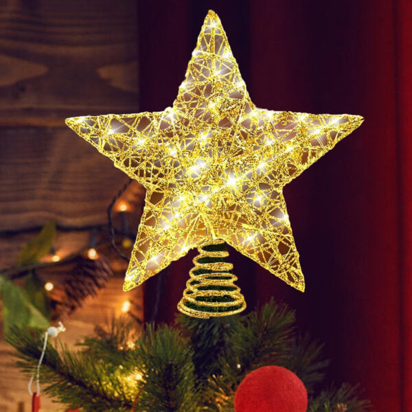 Estrella Arbol Navidad, 25 cm Estrella Arbol de Navidad con Luz, Diseño de Metal Glittered 20 Luces LED Estrellas del árbol de Navidad para La Decoración Casera Festiva de La Navidad (Brillo Dorado)