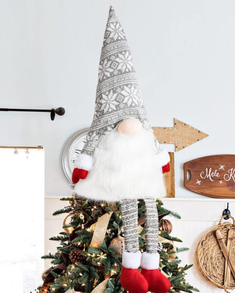 Lanpn Gnomo Arbol de Navidad Estrella, Elegante Largo Adornos, Punta Navideñas con Sombrero de Copa y Pierna para la Decoración de Interior (Rojo)
