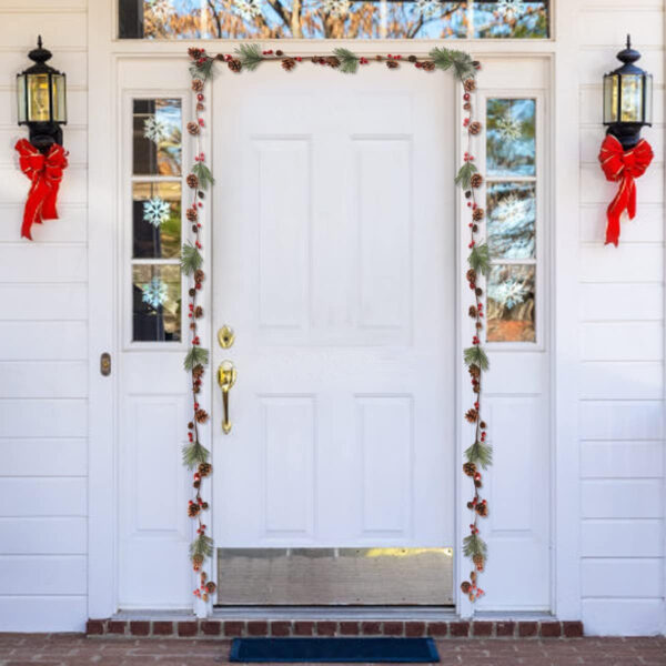 2M Guirnalda de Navidad Guirnalda de Pino Artificial con Conos de Pino Bayas Rojas y Campanas Rojas Guirnalda Navideña para Manto Chimenea Barandilla Escalera Puerta Invierno Exterior Decoración - Imagen 7