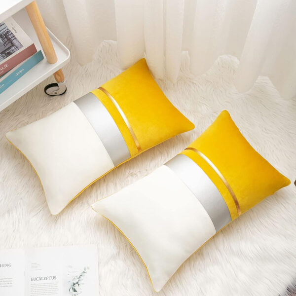 Fundas Cojines 30x50 Lujoso Funda de Almohada Rectangulares Terciopelo Amarillo Empalme con Rayas Dorado Cubierta Cojín Decoración para Hogar Cama Bancos Sala Sofá Sillas Jardín Exterior,2 Piezas - Imagen 5