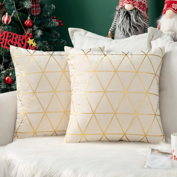 MIULEE Día de Navidad Funda de Cojines Terciopelo Cojines Sofá Cuadrado Estampado Dorado Funda de Almohada para Silla Oficina Cama Decoración Moderna de Habitación 2 Piezas 40x40 cm Crema