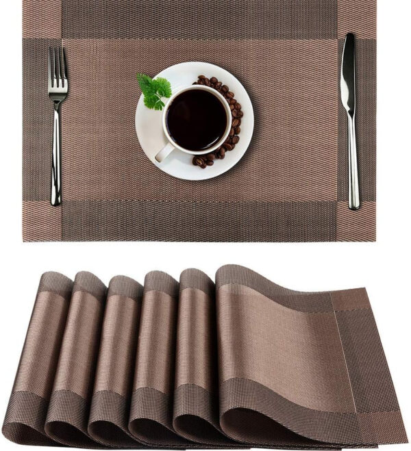 Eageroo Camino de Mesa y Manteles Individuales marrón Juego de 6, Antideslizante Resistente al Calor para de PVC la Mesa de Comedor de Cocina, Vinilo Place Mats Juego de 6, 45x30cm (Nuevo Marrón 6+1) - Imagen 3