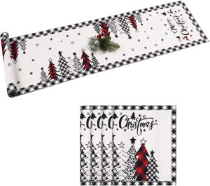 Yugarlibi Camino de mesa de Navidad, juego de 5 unidades, color blanco, moderno, lavable, aspecto de lino, 183 x 35 cm, con 4 manteles individuales antideslizantes de 45 x 30 cm, decoración de mesa