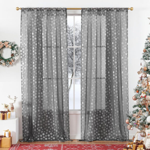 Lazzzy Cortinas transparentes grises con copo de nieve de 96 pulgadas de largo, con bolsillo para barra, cortinas de gasa para ventana de invierno para sala de estar, dormitorio, juego de 2 - Imagen 3