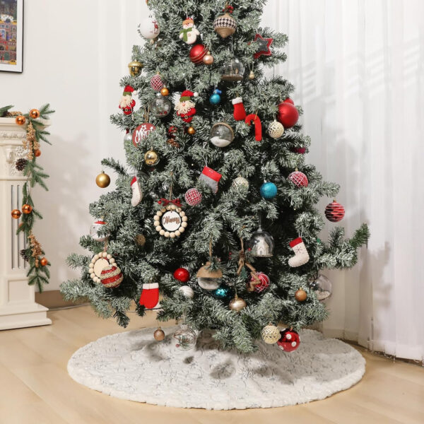 Lewondr Falda para Árbol de Navidad, 122CM Alfombra Decorativa de Árbol de Terciopelo con Patrones de Ramas & Copos de Nieve Estampados, Pie de Árbol Navideño para Navidad Fiesta Vacación, Blanco - Imagen 3