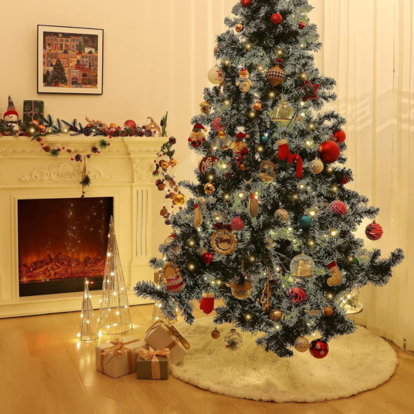 Lewondr Falda para Árbol de Navidad, 122CM Alfombra Decorativa de Árbol de Terciopelo con Patrones de Ramas & Copos de Nieve Estampados, Pie de Árbol Navideño para Navidad Fiesta Vacación, Blanco - Imagen 4