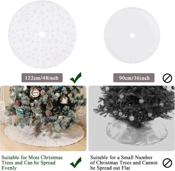 Lewondr Falda para Árbol de Navidad, 122CM Alfombra Decorativa de Árbol de Terciopelo con Patrones de Ramas & Copos de Nieve Estampados, Pie de Árbol Navideño para Navidad Fiesta Vacación, Blanco - Imagen 6