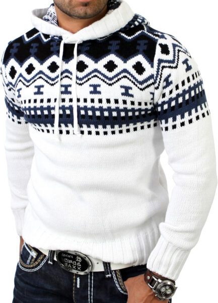 Reslad - Men's Norwegian Winter Hooded Knit Sweater, RS-3013 White