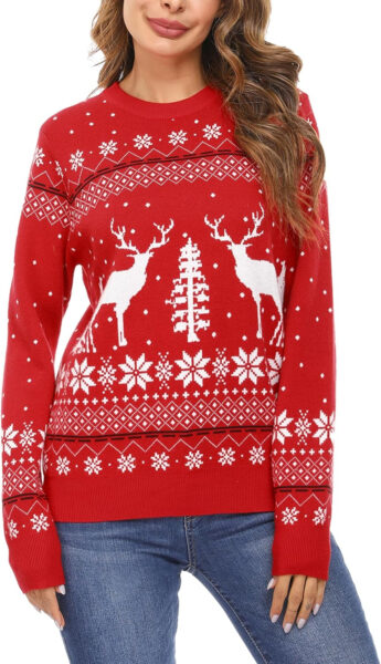 Totatuit Suéter de Navidad de Cuello Redondo Mujer Hombre Invierno Jersey Manga Larga Elegante Retro Sweater de Navidad Pullover Casual Christmas Sweater Parejas para Invierno Rojo
