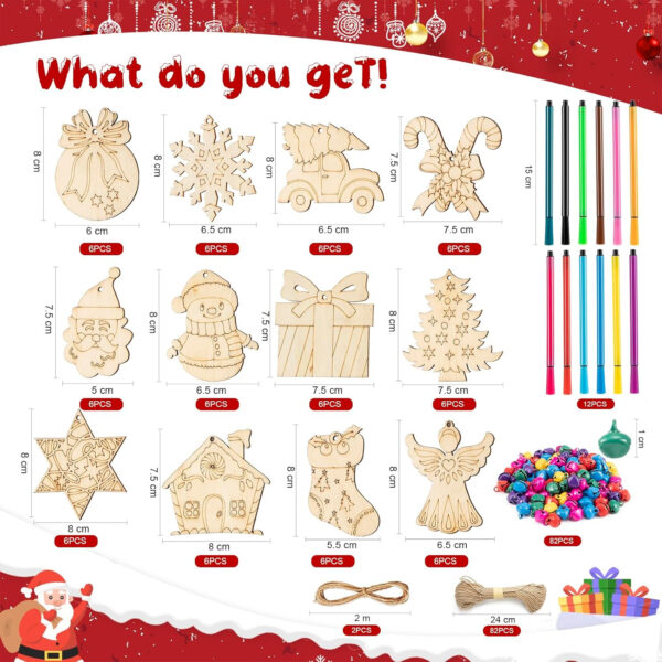 Vyntra Adornos Navidad Madera,72 pcs - Decoración Arbol - Manualidades Colgantes y Originales para Niños y Adultos, Bricolaje Personalizado - Imagen 3