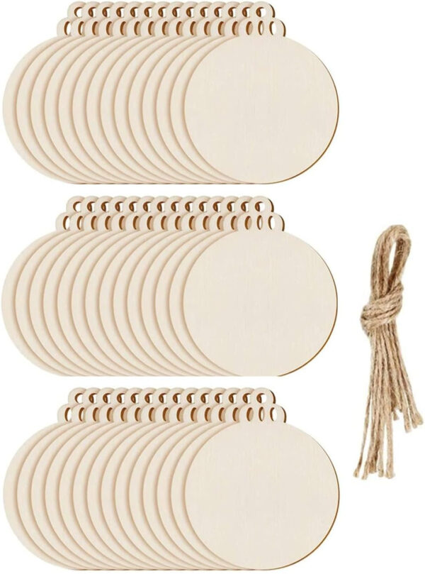 DRERIO 100 Bolas Redondas Madera para Colgar Adornos Navidad, rebanadas Madera en Blanco con Cuerda para decoración del árbol de Navidad, Manualidades