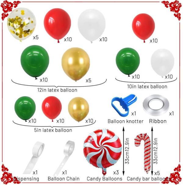 Globos de Feliz Navidad Hillylolly 108 Piezas Kit de Globos Navideños, Globos de Navidad Rojo Verde Blanco, Globos de Látex, Kit de Guirnalda de Globos Arch, Globos de Navidad Decoraciones de Fiesta - Imagen 3