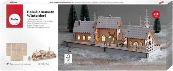 Rayher Maqueta de casas navideñas para montar, 40x14,5x17 cm, pueblo de Navidad en madera, 63158505