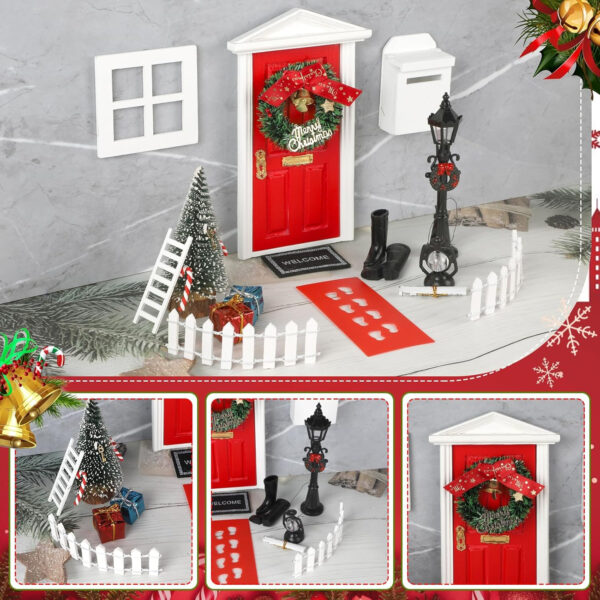 CPROSP 20pcs Puerta Elfo de Navidad, Christmas Fairy Door, Mini Casa Elfo Puerta Decoración Navideña Conjunto Escena en Miniatura Mini Puerta de Madera Elfo Puerta Accesorios Navidad DIY Decoración - Imagen 4