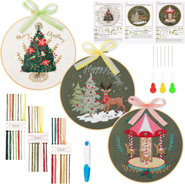 JSRQT 3 Piezas Kit de Bordado Navidad, Bordado de Navidad para Principiantes con Patrones, Kits de Inicio de Punto, Kit de Bordado a Mano para Manualidades, Herramientas de Bordado con Instrucciones