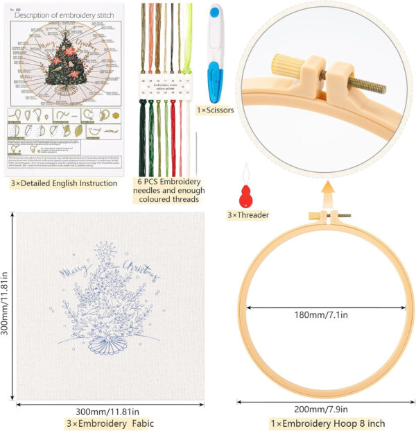 JSRQT 3 Piezas Kit de Bordado Navidad, Bordado de Navidad para Principiantes con Patrones, Kits de Inicio de Punto, Kit de Bordado a Mano para Manualidades, Herramientas de Bordado con Instrucciones - Imagen 5