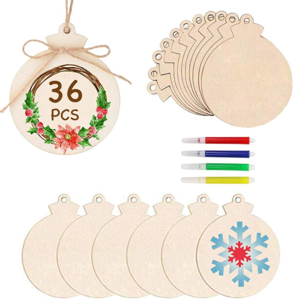 36Psc Adorno de Árbol de Navidad Bolas de Navidad de madera para la pintura de bricolaje con cuerda de yute y marcador, adorno del árbol de Navidad de madera colgante bolas para colgar bolas