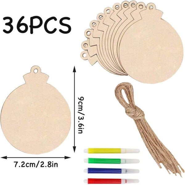 36Psc Adorno de Árbol de Navidad Bolas de Navidad de madera para la pintura de bricolaje con cuerda de yute y marcador, adorno del árbol de Navidad de madera colgante bolas para colgar bolas - Imagen 3