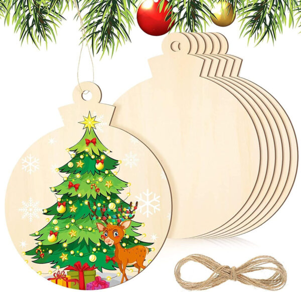 36Psc Adorno de Árbol de Navidad Bolas de Navidad de madera para la pintura de bricolaje con cuerda de yute y marcador, adorno del árbol de Navidad de madera colgante bolas para colgar bolas - Imagen 7