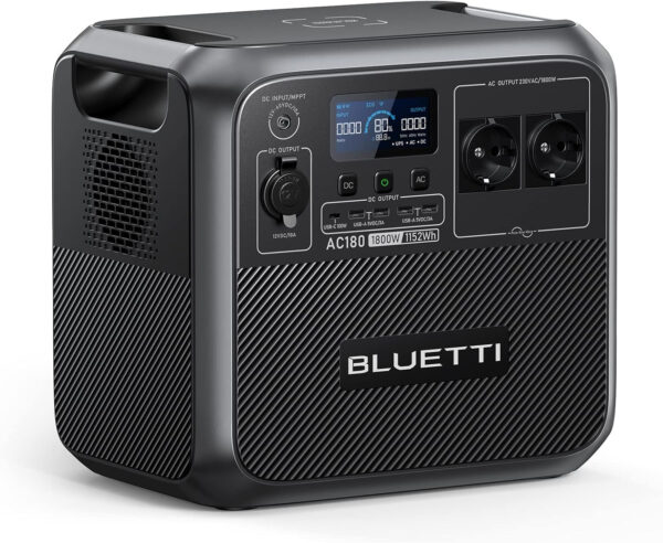 BLUETTI Generador Solar Portátil AC180, 1152Wh LiFePO4 Batería con 2 salidas AC 1800W (2700W Pico), 0-80% en 45 Min, Estación de Energía Solar para Camping, Viajes, Cortes de Electricidad